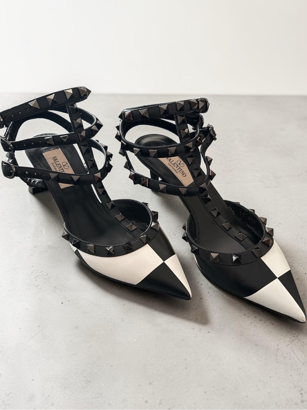 Valentino Black and White Studded T-Strap Pointed Heels